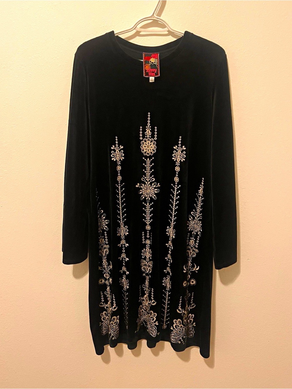 Johnny Was Black Velour Embroidered Dress Kimono Sleeve Boho
